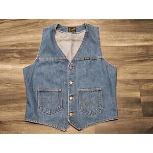 Vintage Wrangler Denim Vest Mens S Blue No-Fault Western Cowboy Made In USA 80s